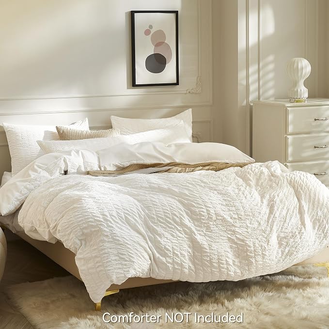 JELLYMONI White Duvet Cover Full Size, Soft Breathable Seersucker Duvet Cover - Image 3