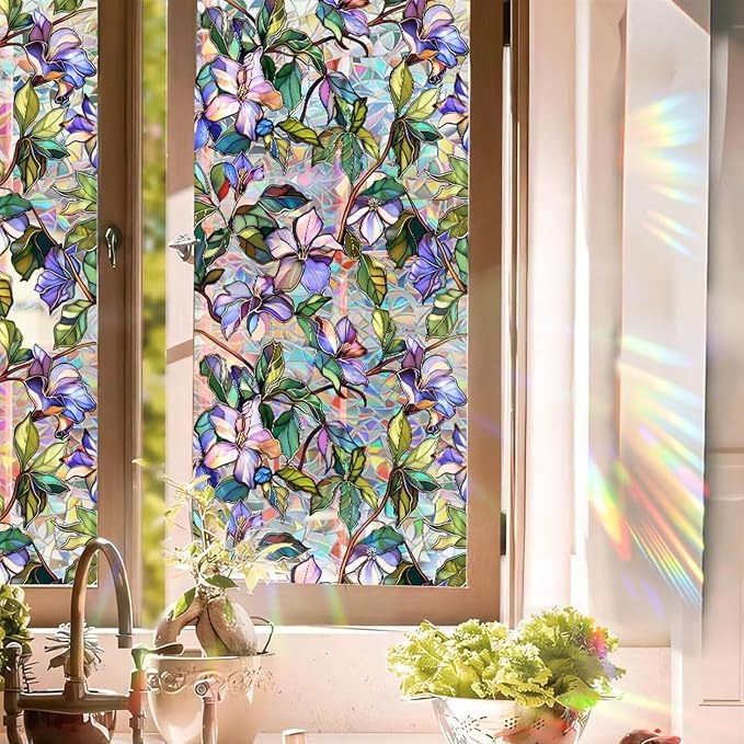 Stained Glass Window Film, Floral Window Privacy Film by Aomkmi