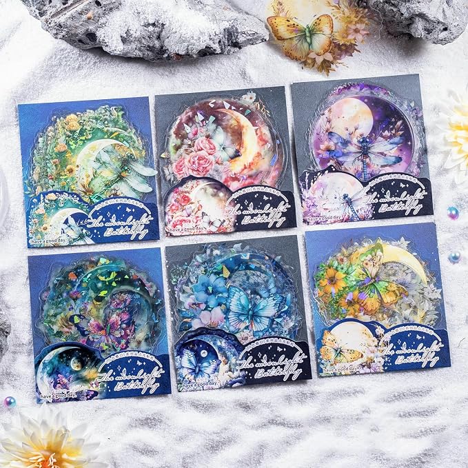 Yoksas 60Pcs Holographic Fantasy Butterfly Dragonfly Moon Stickers - Image 3