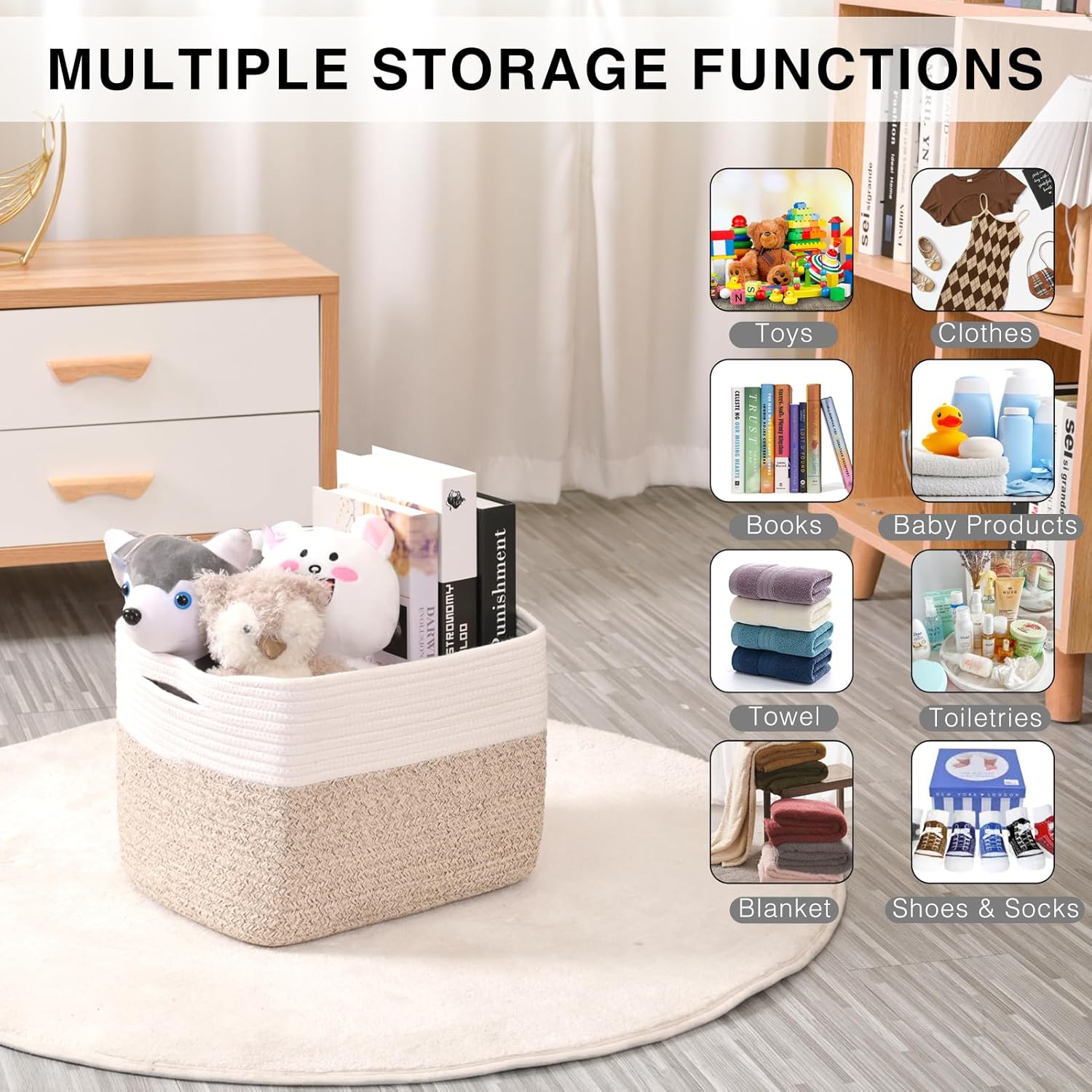 Storage Baskets for Organizing, Woven Cotton Rope Basket for Storage Books, Baby Organizing Baskets, Toy Storage Basket, 15"x11"x9.5", 3 Packs, Off White & Brown