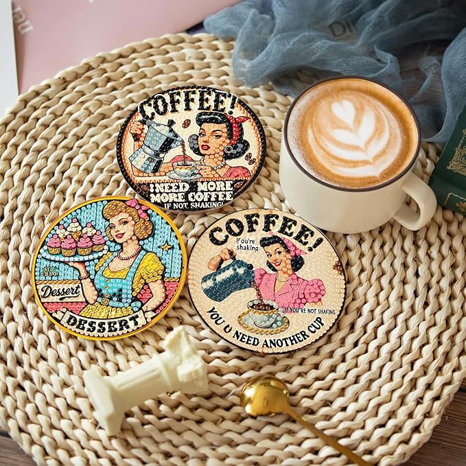 8Pcs Retro Housewife Diamond Art Coasters Kit, Vintage Coffee Diamond Painting - Image 2