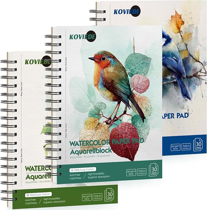 KOVIEDE 100% Cotton Watercolor Paper Pad 3 Pack Cold Press 140lb/300gsm Spiral by KOVIEDE
