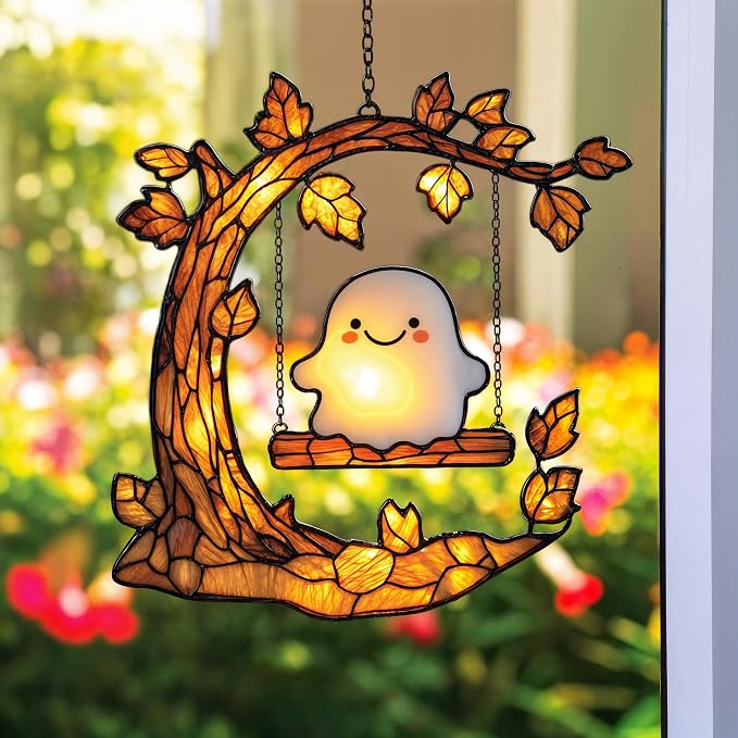Playful Ghost in Golden Glow Acrylic Suncatcher by Unknown