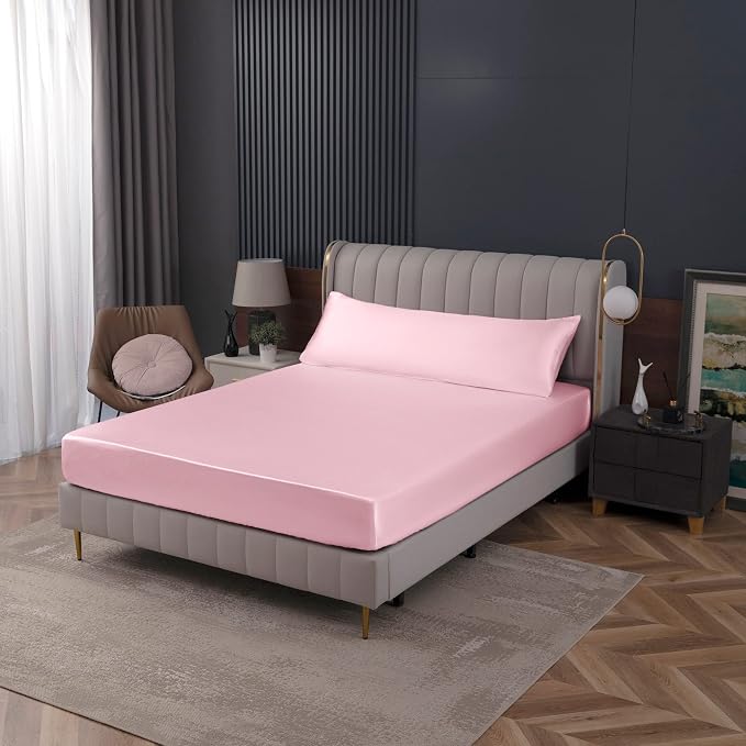 Homiest Blush Pink Satin Fitted Sheet Queen Size, Deep Pocket, Luxury & Ultra - Image 7