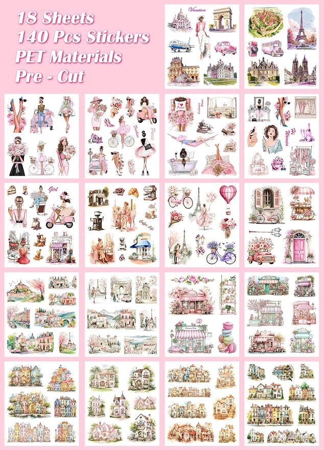 JOYCHOIC Paris Journaling Sticker Set, 18 Sheets PET Junk Journal Stickers - Image 5