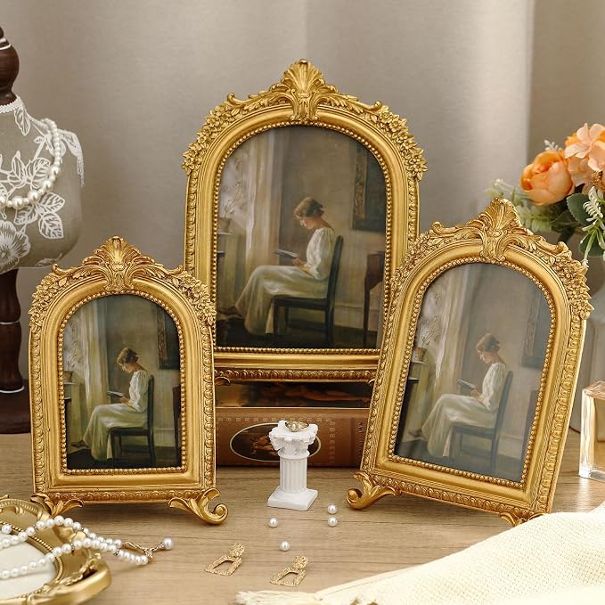 Wonderjune 3 Pcs Vintage Picture Frames Antique Set Baroque Ornate Gold Arched by Wonderjune