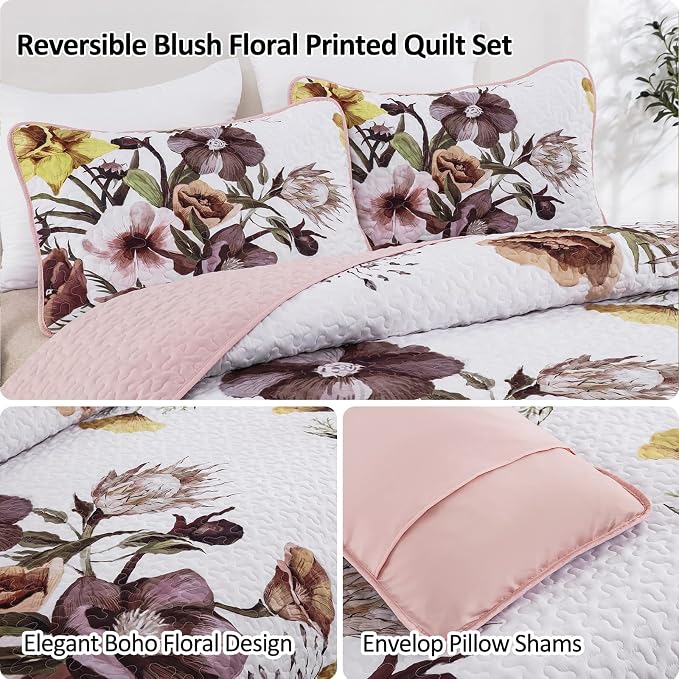 Drucon Floral Quilt Set Twin 2 Pieces Boho Blush Floral Quilt Coverlet Set Soft - Image 6