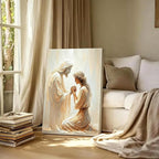 Framed Jesus and Praying Woman Canvas Wall Art -, Divine Mercy Savior Painting - Image 2