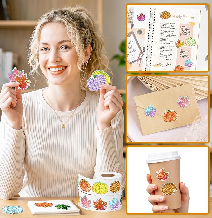 1000Pcs Fall Thanksgiving Stickers Rolls Holographic Glitter Autumn Decals | - Image 6