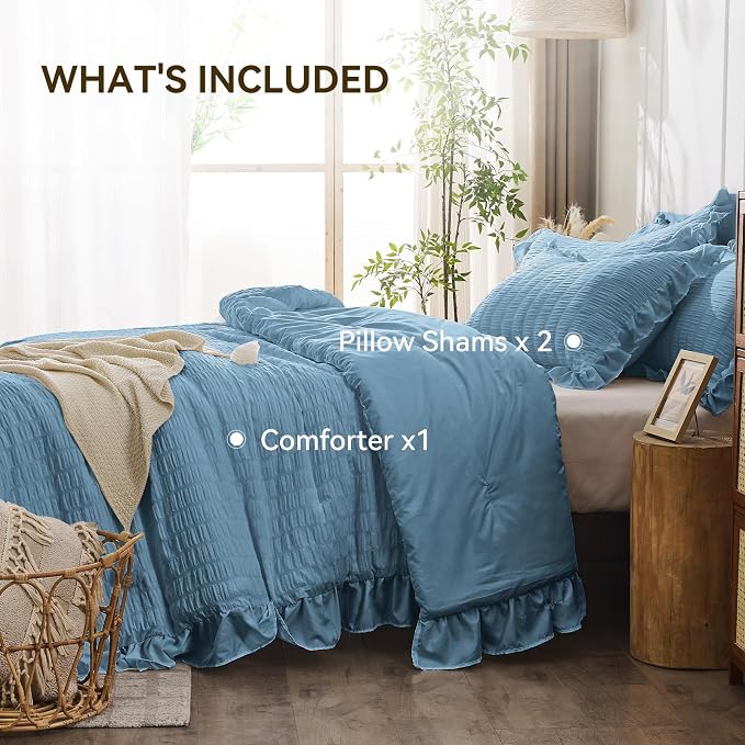 JOLLYVOGUE Queen Comforter Set, 3 Pieces Sea Blue Seersucker Comforters Queen - Image 5