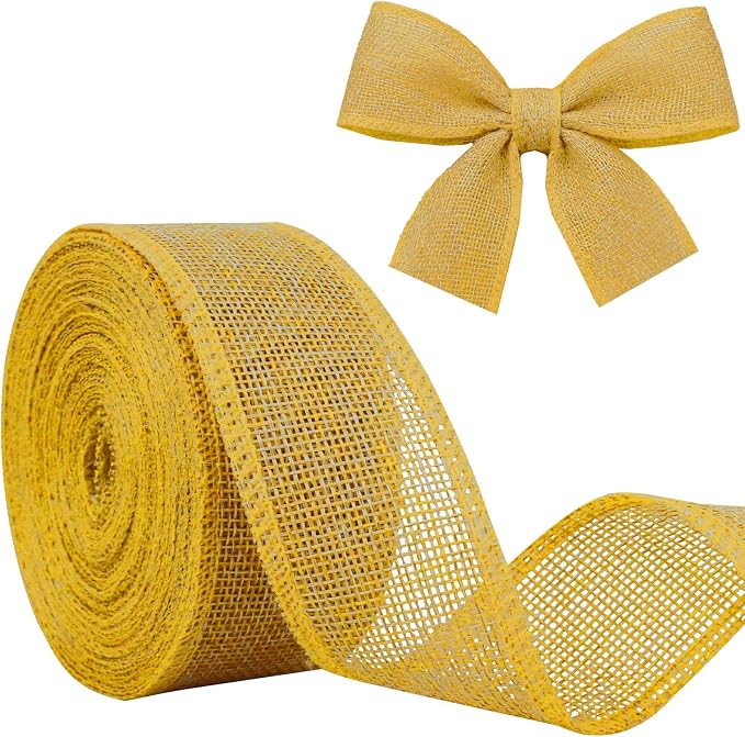 Gold Yellow Burlap Ribbon 1-1/2 in X 10 Yard Yellow Wired Ribbon | Natural by JaoZuyard