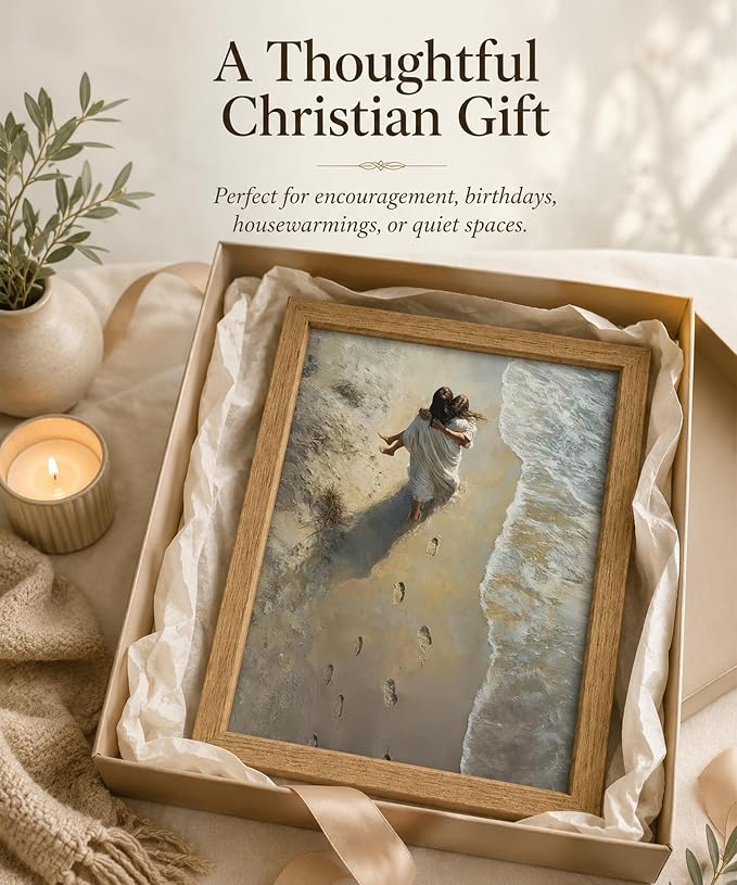 Framed Jesus Holding Woman Canvas Print Footprints in The Sand Wall Art Wood - Image 7
