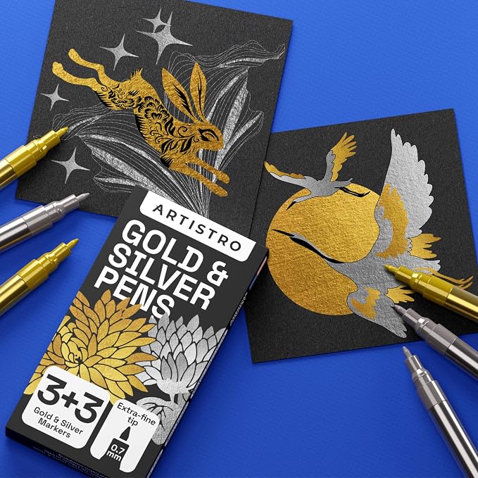 ARTISTRO 6 Gold & Silver Metallic Acrylic Paint Pens – 0.7mm Extra Fine Tip - Image 6