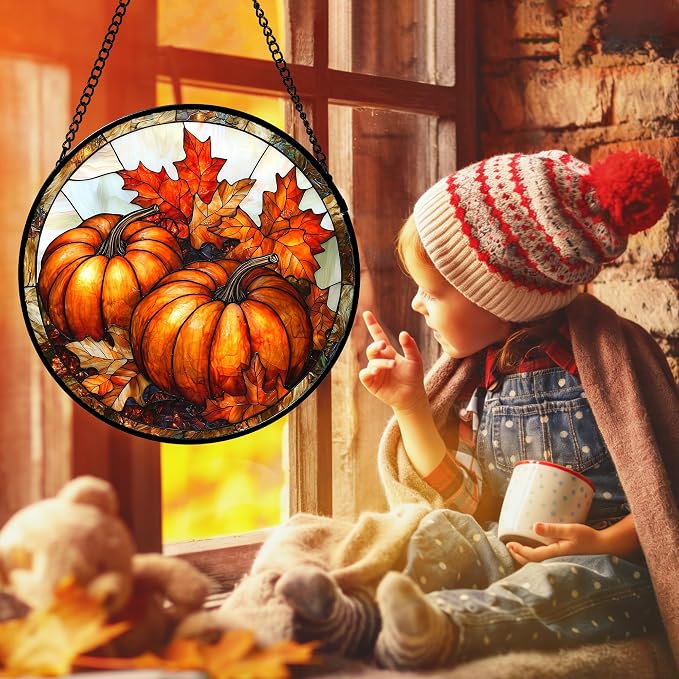 DASTOLL Stained Glass Window Hanging, Pumpkin Maple Leaf Suncatcher - Image 5