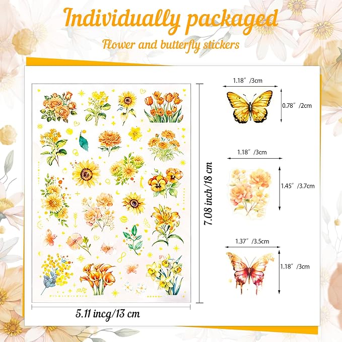 50+Pcs Transparent Golden Floral Butterfly Scrapbook Stickers Pack, Sunflower - Image 2