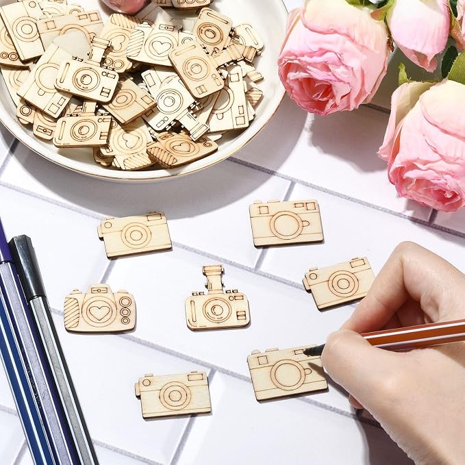 200 pcs Mixed Styles Camera Theme Unfinished Wooden Cutout Charms Travel - Image 4