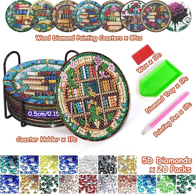 Axquilon 8 Pcs Books Diamond Art Coasters Kit - Image 2