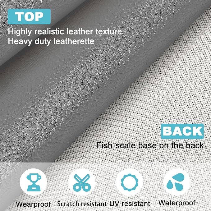 Grey Faux Leather Fabric 20"×55" Lychee Grain Upholstery Vinyl - Image 2