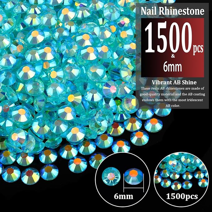 1500pcs 6mm Resin Rhinestones Bulk, Transparent Lake Blue AB Flatback Round - Image 2