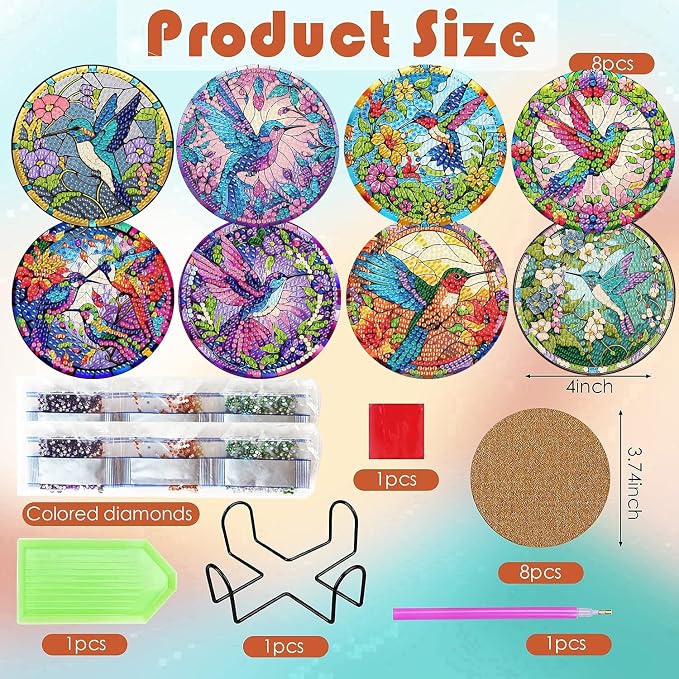 ijbnhd 8 Pcs Hummingbird Diamond Painting Coasters Kits - Image 3