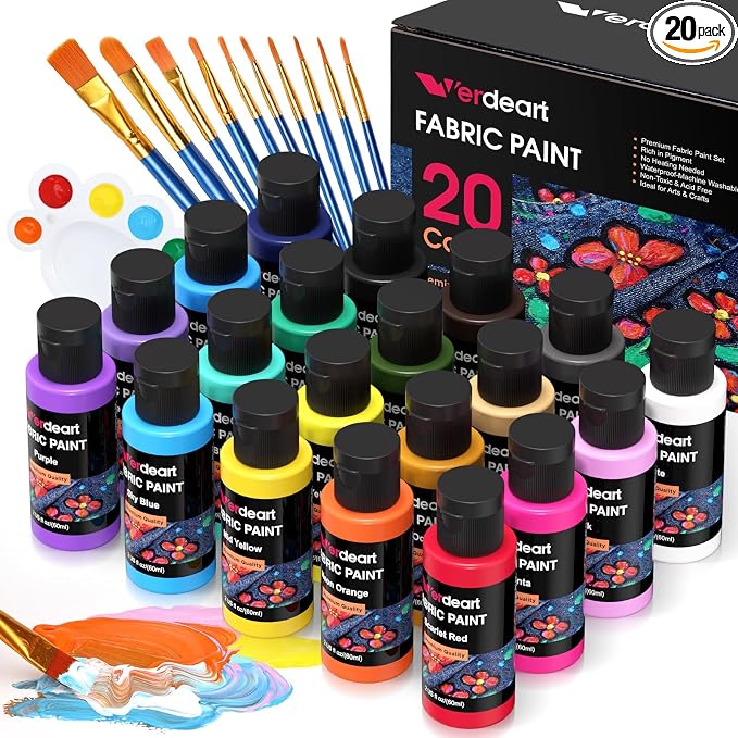 Fabric Paint, 20 Colors Permanent Soft Fabric Paint Set by Verdeart