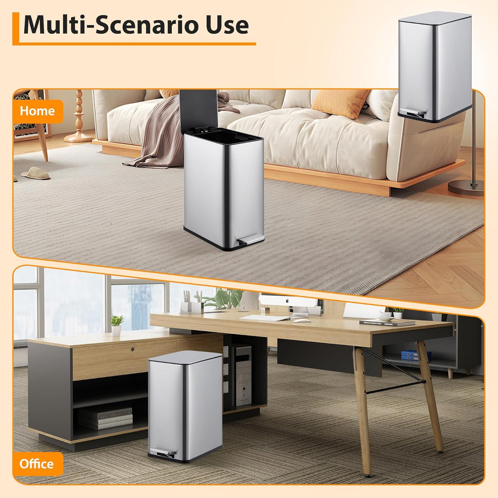 2.6 Gallon Kitchen Trash Can, Stainless Steel Garbage Can with Soft-Close Lid, Step Rubbish Bin with Removable Inner Bucket, Narrow Recycle Bins for Kitchen, Bathroom, Bedroom