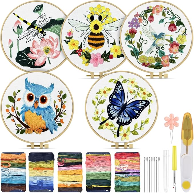 TINDTOP 5 Sets Embroidery Kit for Beginners Adult, Embroidery Kit for Beginners by TINDTOP