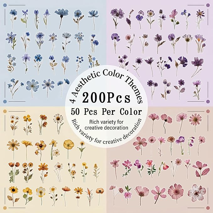 200 Pcs Dried Flower Stickers for Scrapbook Supplies, Pressed Flower Stickers - Image 2