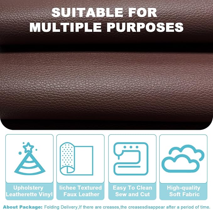 Brown Faux Leather Fabric 79"×55" Lychee Grain Upholstery Vinyl - Image 3