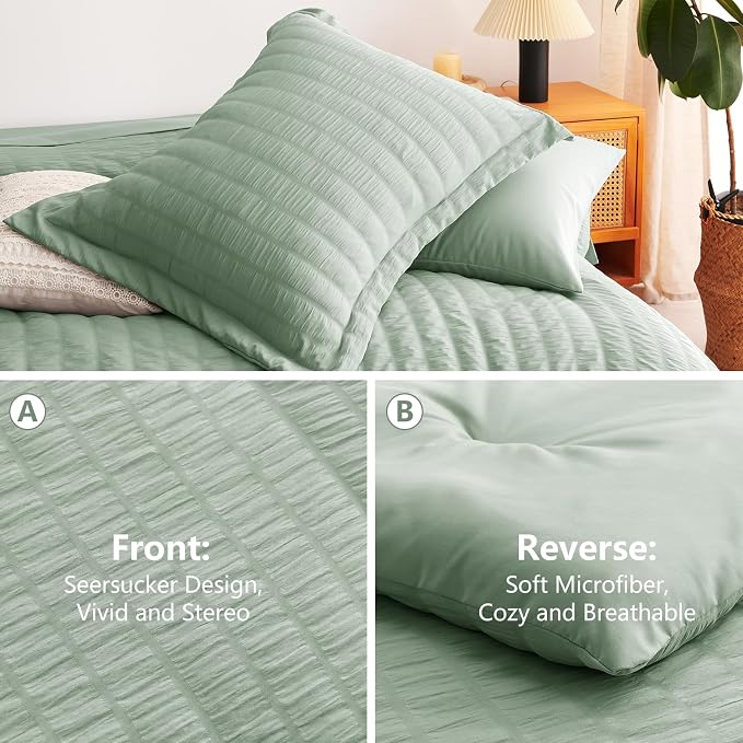 CozyLux King Size Comforter Set Sage Green Seersucker 7 Pieces Bed in a Bag - Image 4