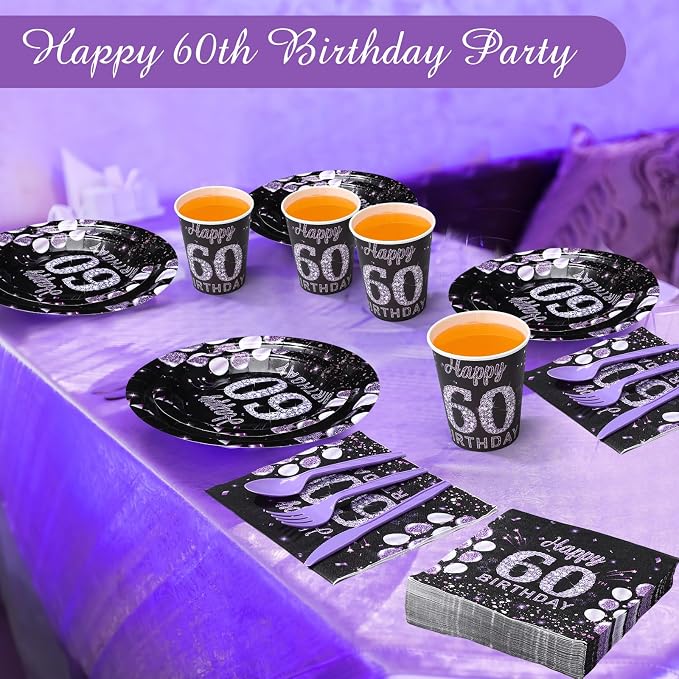 Pickmesh 400 Pcs 60th Birthday Party Supplies Purple Black Happy Birthday - Image 5