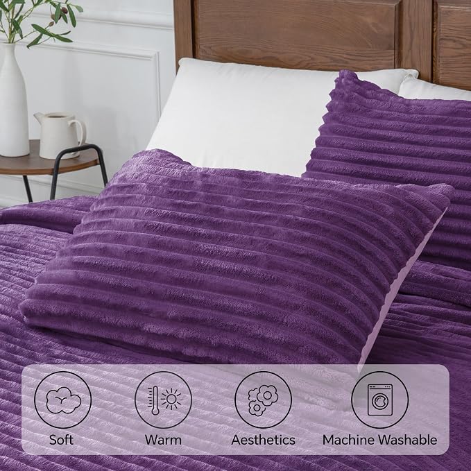 BEDELITE Fleece Queen Comforter Set -Super Soft & Warm Fluffy Purple Bedding - Image 5