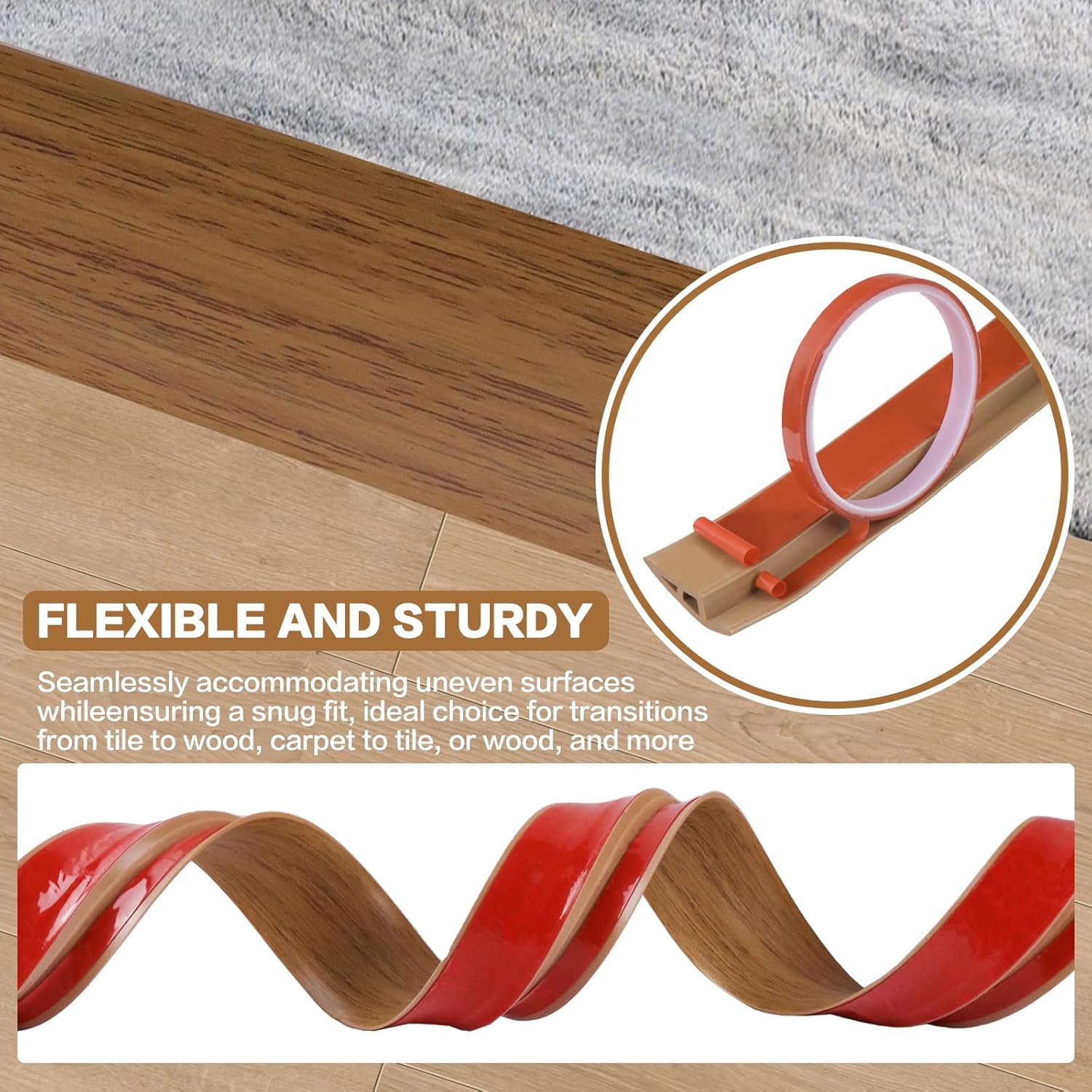 Floor Transition Strip Vinyl Door Threshold Ramp Self Adhesive Carpet Edging Strip Doorway Edge Trim, Overlap Edge Reducer for Laminate Carpet, Floor, Tile (Orange Oak, 2/5" to 3/5", 3.3Ft)