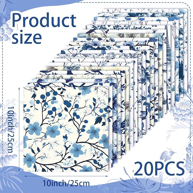 HunnmingRe 20 Pcs 10''x10'' Blue White Flower Quilting Fabric Square - Image 2
