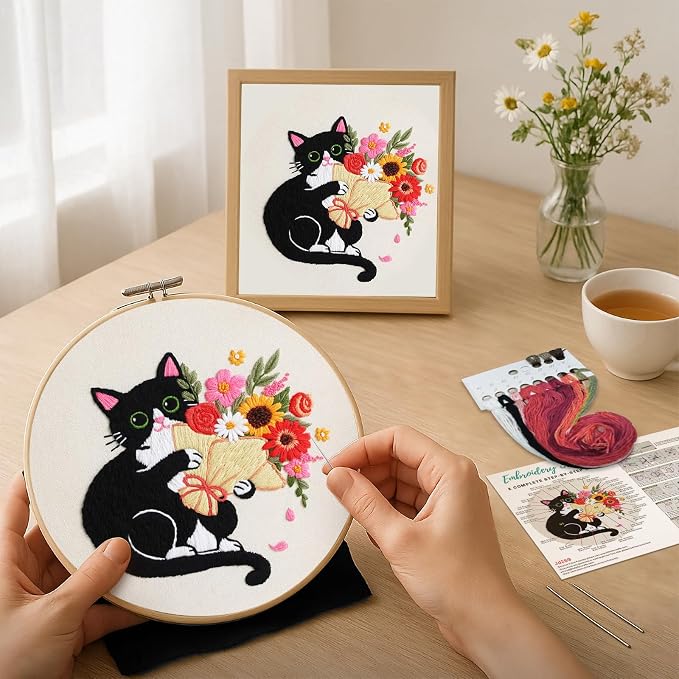 Nuberlic Black Cat Flowers Embroidery Kits - Image 5