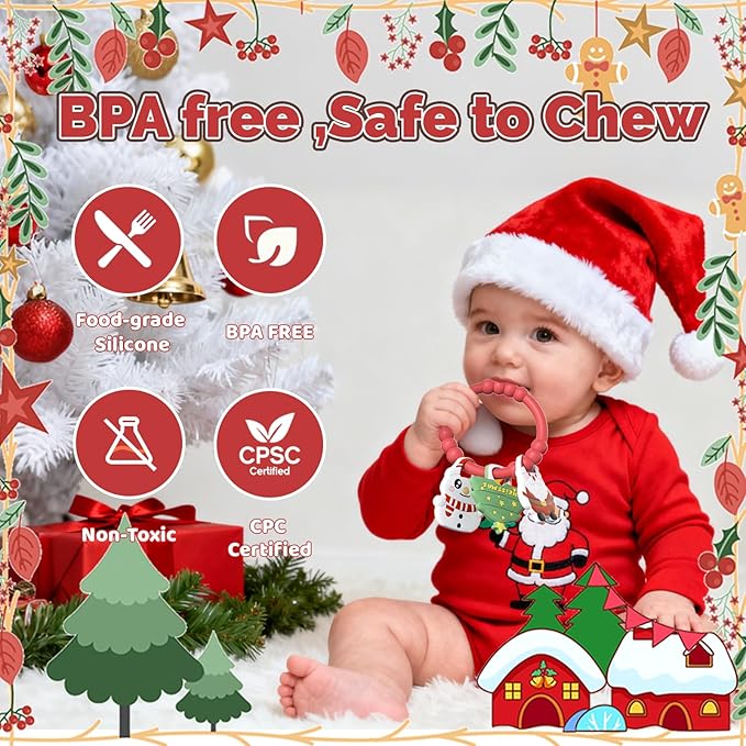 Christmas Baby Teething Ring with 3pcs Teether-Soft Santa Claus, Snowman & Tree, Textured Silicone Teether for 0-12months, Baby Sensory Chew Bracelet for Baby’s First Christmas