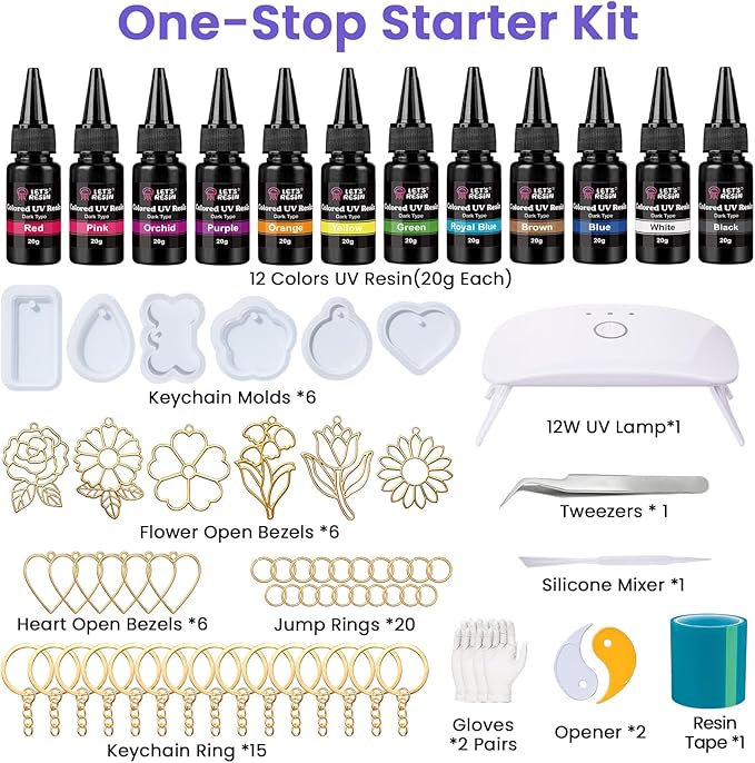 LET'S RESIN All-Inclusive Keychain Making Kit, 12-Color UV Resin - Image 2