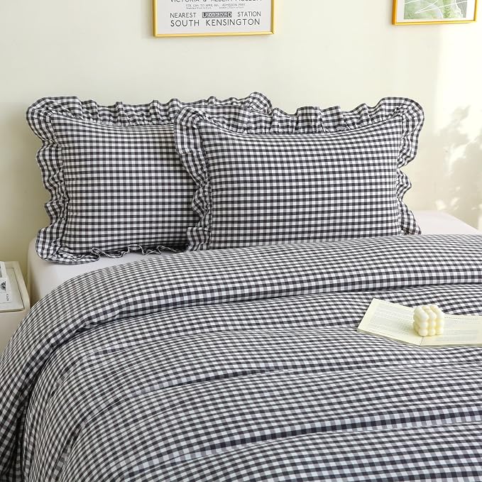Silnuo Black/White Checkered Ruffle 3-Piece Duvet Cover Set King Size, Washed - Image 8