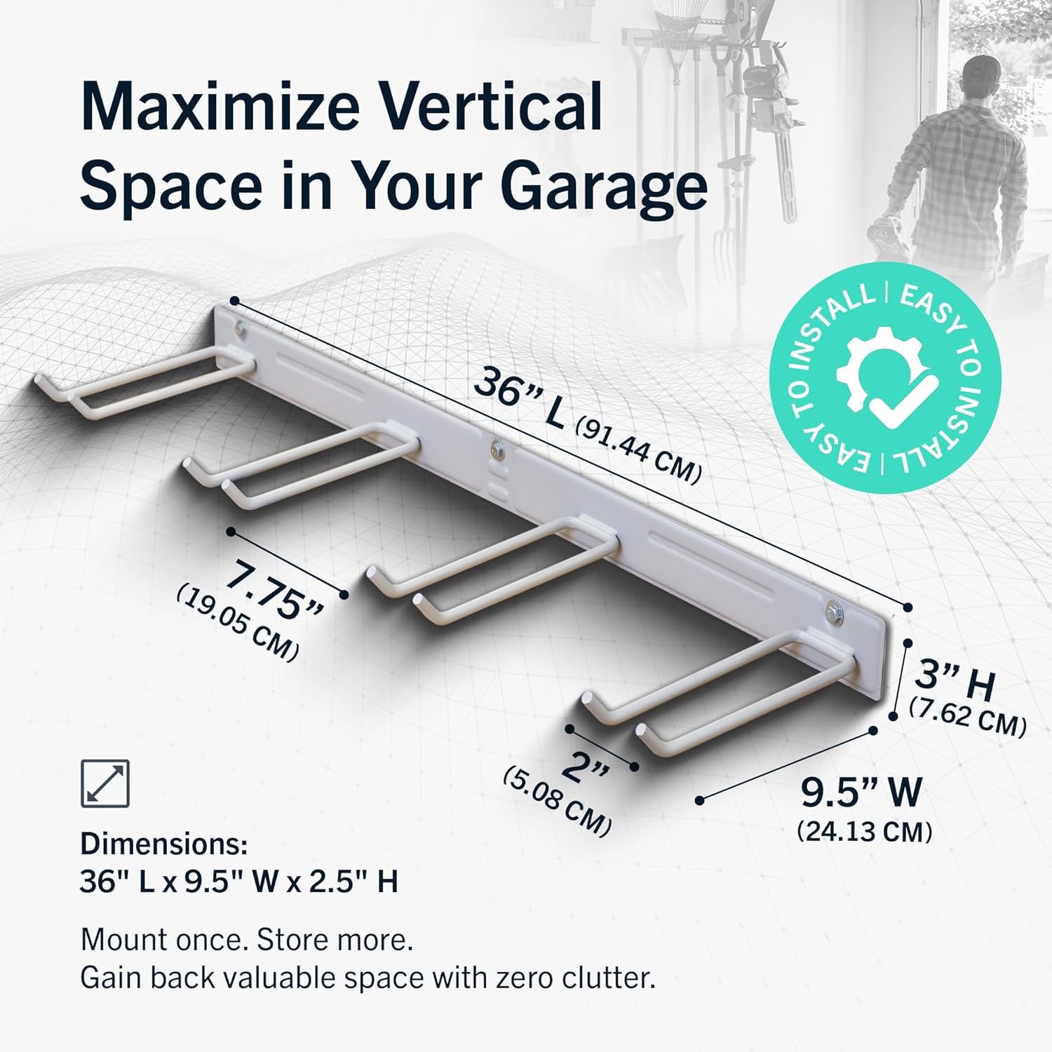 StoreYourBoard Wall-Mounted Rack With 4 Garage Hooks, Gray – Heavy-Duty Steel Holder Garage & Garden Storage for Shed, Workshop, or Home Organization – For Rakes, Shovels, Tools & More – 1 Pack, Gray
