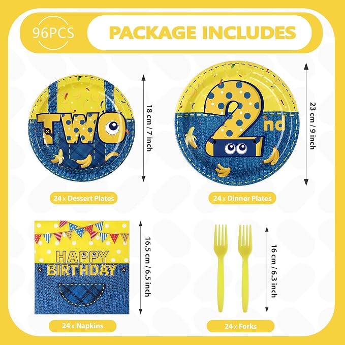 96 Pcs Yellow Cartoon 2nd Birthday Party Supplies Yellow Jeans Banana Plates - Image 4
