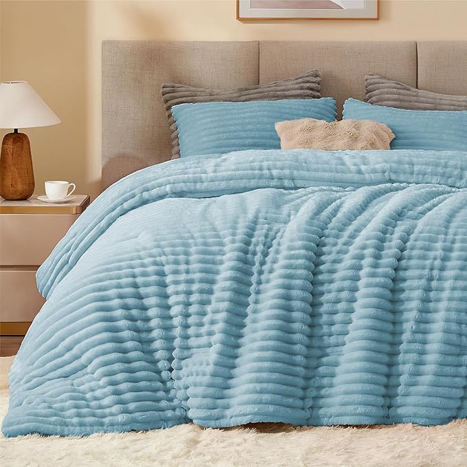 BEDELITE Fleece Twin Comforter Set -Super Soft & Warm Fluffy Light Blue Bedding by BEDELITE