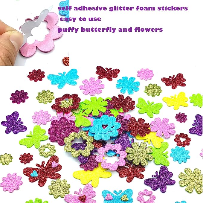 180PCS Glitter Foam Flower Stickers, Spring Theme Puffy Shapes | - Image 3