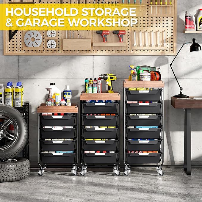 SYKIARIOL Utility Cart with 5 Labeling Drawers and Wooden Tabletop – Rolling - Image 6