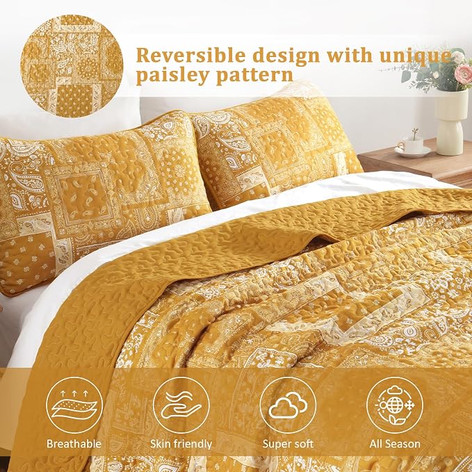 Cottolester Boho Quilt Set King Size, 3 Pieces Yellow Patchwork Paisley Quilt - Image 3