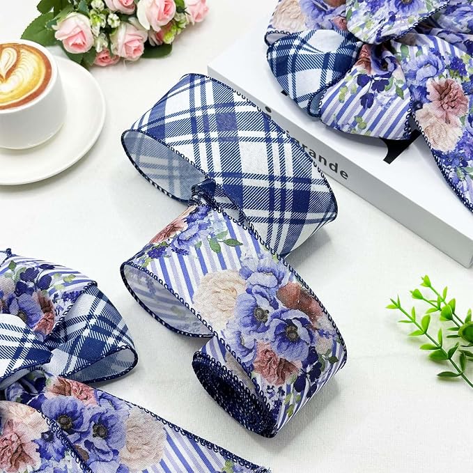 Blue Floral Wired Ribbon 2 Rolls, 2.5 Inch x 20 Yards Vintage Blue and White - Image 5