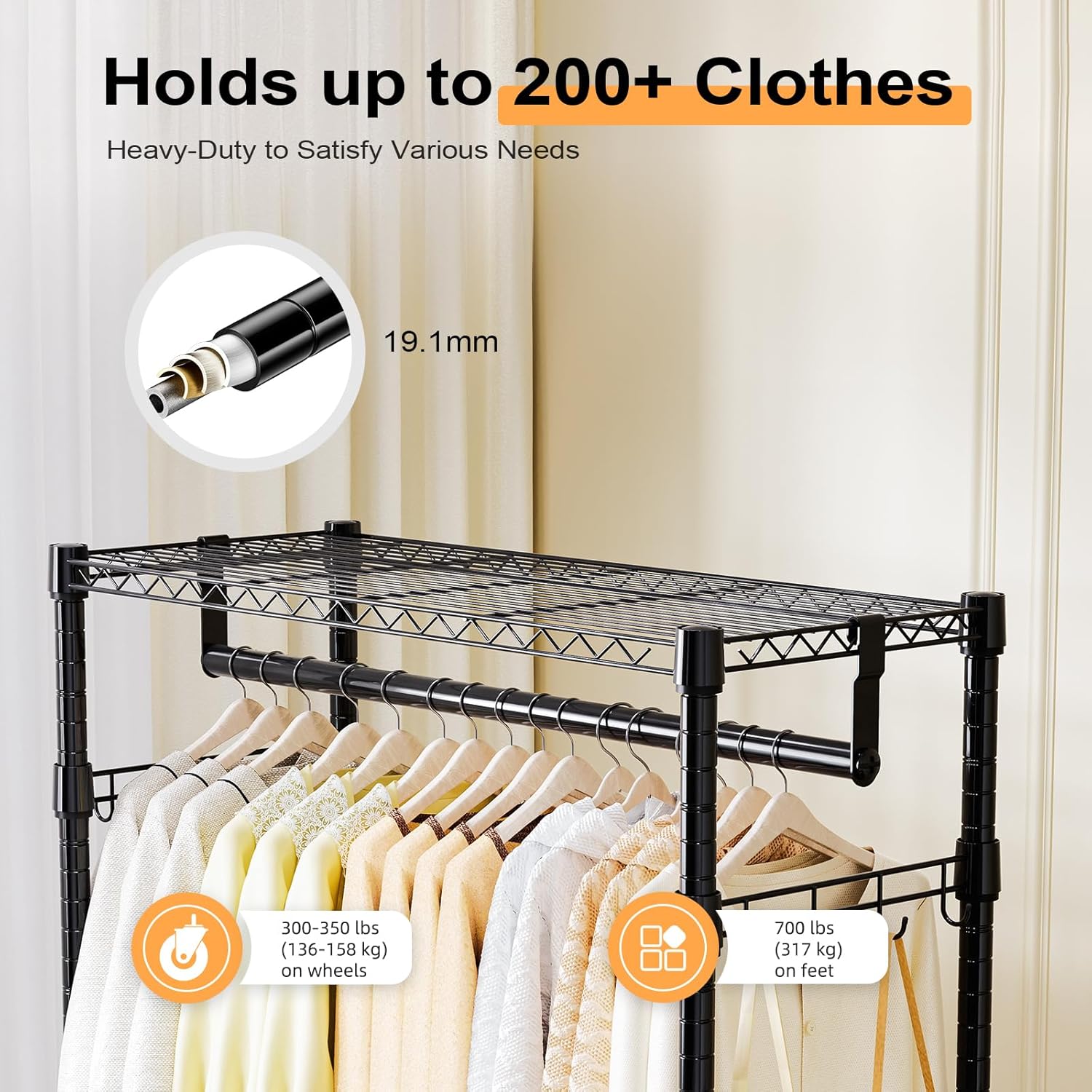 Heavy Duty Rolling Garment Rack 3 Tiers Adjustable Wire Shelving Clothes Rack with 2 Rods and Side Hooks,Storage Closet Clothing Rack with Wheels Black 15.7" D x 29.5" W x 74.5" H