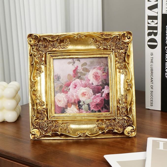 Cuspin 4x4 Gold Picture Frame Square, Vintage Ornate Resin Photo Frame - Image 3