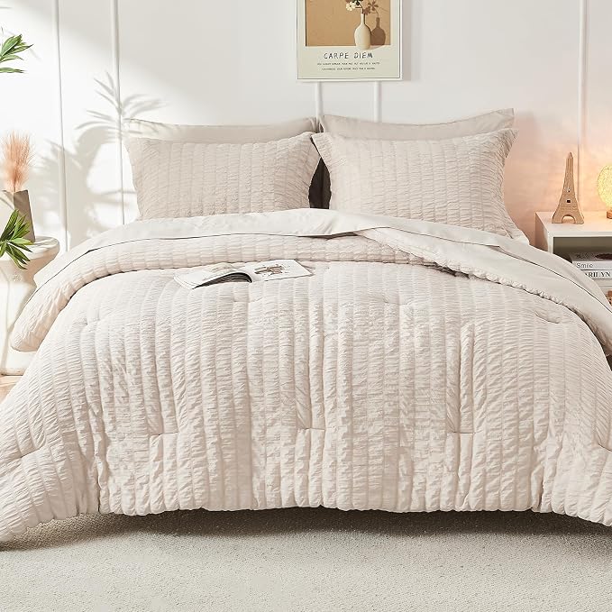 HYMOKEGE Beige Twin Comforter Set Seersucker 5 Pieces, All Season Luxury Bed in - Image 9