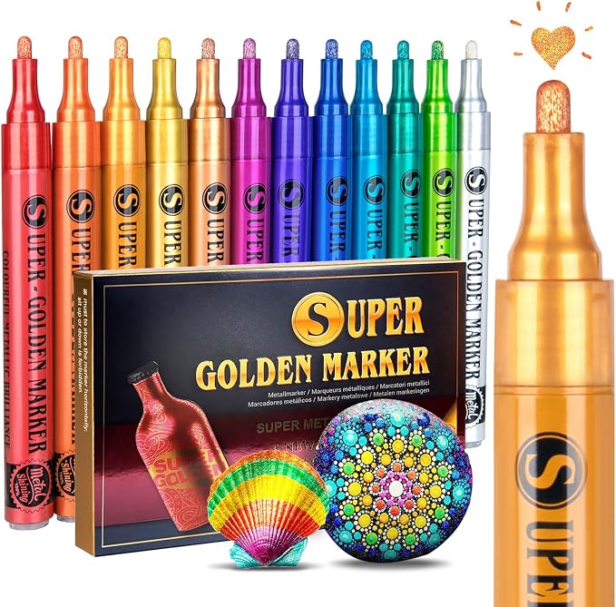 SAKEYR Super Golden Metallic Paint Markers, 12 Colors Sparkle Metallic Glitter by SAKEYR