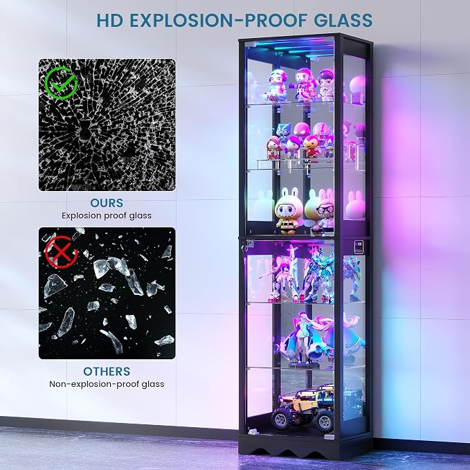 Dystler Display Cabinet with Glass Doors, 6 Tier RGB Lights Curio Cabinet | - Image 6